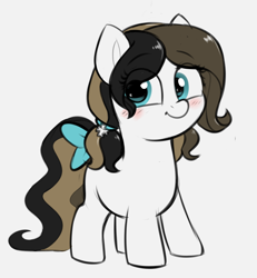 Size: 1668x1808 | Tagged: safe, artist:heretichesh, oc, oc only, oc:chocolate fudge, earth pony, pony, blushing, bow, cute, female, filly, pigtails, solo, tail bow