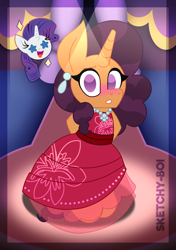 Size: 2400x3400 | Tagged: safe, artist:snakeythingy, rarity, saffron masala, pony, unicorn, g4, bipedal, blushing, clothes, dress, fancy, fancy dress, fashion show, high res, starry eyes, story included, wingding eyes
