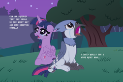 Size: 4096x2750 | Tagged: safe, artist:xleadmarex, twilight sparkle, alicorn, bird, blue jay, griffon, pony, g4, aeroplanes and meteor showers, airplanes (song), b.o.b., beak, branches, bush, crest, crossover, crossover shipping, crying, cute, depressed, depressing, depression, duo, duo focus, earless, ears, eye, eyelashes, eyes, eyes open, feather, female, field, fields, floppy ears, fluffy, folded, folded wings, font, forest, forest background, fur, grass, grass field, griffonized, hair, hayley williams, head, heart eyes, hill, joke, leaf, leaves, looking up, lyrics, male, mane, mare, meme, mordecai, mordetwi, muzzle, night, nose, redraw mordetwi meme, regular show, sad, sadness, sadorable, shipping, show accurate, shrub, simple background, singing, sitting, sky, snout, song, song reference, species swap, starry night, stars, straight, tears of pain, tears of sadness, teary eyes, text, tree, tree branch, twig, twilight sparkle (alicorn), wall of tags, wingding eyes, wings