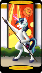 Size: 1500x2591 | Tagged: safe, artist:sixes&sevens, part of a set, shining armor, pony, unicorn, g4, bipedal, bipedal leaning, bush, glowing horn, horn, king of wands, leaning, magic, magic aura, male, minor arcana, outdoors, solo, staff, stained glass, stallion, tarot card