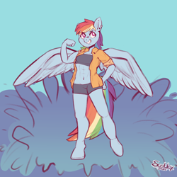 Size: 4048x4048 | Tagged: safe, artist:scribleydoodles, rainbow dash, pegasus, anthro, unguligrade anthro, g4, abs, belly button, blue background, clothes, ear piercing, earring, female, grin, jewelry, muscles, piercing, shirt, shorts, simple background, smiling, solo, sports bra, sports shorts, summer, water