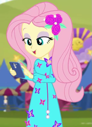 Size: 439x603 | Tagged: safe, screencap, fluttershy, human, equestria girls, festival filters, g4, my little pony equestria girls: better together, cellphone, cropped, female, music festival outfit, phone, solo