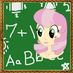 Size: 1920x1920 | Tagged: safe, artist:sarastudly, cheerilee, human, g4, alternative cutie mark placement, bust, chalkboard, eyelashes, female, humanized, smiling, solo