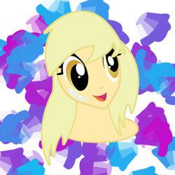 Size: 1440x1440 | Tagged: safe, artist:sarastudly, derpy hooves, human, g4, :d, abstract background, alternative cutie mark placement, bust, female, humanized, open mouth, smiling, solo