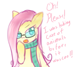 Size: 777x714 | Tagged: safe, artist:pinkcloverprincess, fluttershy, pegasus, pony, g4, alternate hairstyle, clothes, glasses, hipster, hipstershy, scarf, simple background, solo, talking, white background