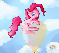 Size: 1500x1358 | Tagged: safe, artist:pinkcloverprincess, pinkie pie, earth pony, pony, g4, balloon, cloud, female, floating, mare, one eye closed, outdoors, solo, that pony sure does love balloons, then watch her balloons lift her up to the sky, wink