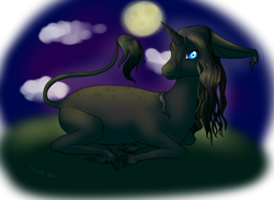 Size: 880x643 | Tagged: safe, artist:pinkcloverprincess, oc, oc only, pony, unicorn, cloud, full moon, horn, leonine tail, lying down, moon, night, outdoors, prone, simple background, solo, transparent background, unicorn oc