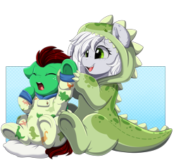Size: 3487x3209 | Tagged: safe, artist:pridark, oc, oc only, oc:fossil fluster, oc:northern haste, earth pony, pegasus, pony, animal costume, animal onesie, babysitting, clothes, colt, costume, dinosaur costume, eyes closed, footed sleeper, frog (hoof), high res, kigurumi, male, onesie, open mouth, open smile, pajamas, smiling, underhoof, yawn