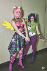 Size: 1365x2048 | Tagged: safe, artist:sarahndipity cosplay, artist:xen photography, aria blaze, fluttershy, human, bronycon, bronycon 2015, equestria girls, g4, my little pony equestria girls: rainbow rocks, boots, clothes, cosplay, costume, high heel boots, irl, irl human, photo, shoes