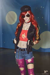 Size: 1365x2048 | Tagged: safe, artist:xen photography, sunset shimmer, human, bronycon, bronycon 2015, g4, belly button, clothes, cosplay, costume, cutie mark on clothes, fingerless gloves, gloves, irl, irl human, photo, sunglasses