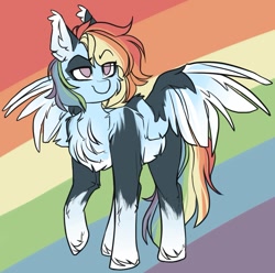 Size: 1007x999 | Tagged: safe, artist:quiqyquiq, rainbow dash, pegasus, pony, g4, cheek fluff, chest fluff, ear fluff, female, mare, rainbow background, redesign, solo