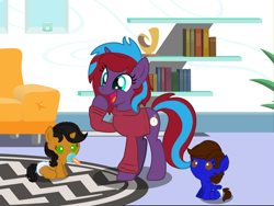 Size: 3357x2520 | Tagged: safe, artist:small-brooke1998, oc, oc:charming dazz, oc:dina blades, oc:nic nerdy, pegasus, pony, unicorn, age regression, commission, diaper, high res, open mouth, open smile, pacifier, smiling