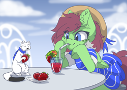 Size: 3507x2481 | Tagged: safe, artist:arctic-fox, oc, oc only, oc:watermelon success, ermine, pegasus, pony, clothes, cocktail, cocktail umbrella, dress, drink, drinking, drinking straw, ear fluff, female, food, hat, high res, mare, scarf, straw, straw hat, strawberry