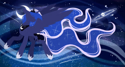 Size: 2800x1500 | Tagged: safe, artist:inspiredpixels, princess luna, alicorn, pony, g4, crescent moon, crown, female, floppy ears, flying, hoof shoes, jewelry, mare, moon, night, night sky, regalia, sky, solo, spread wings, wings