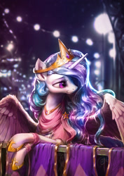 Size: 1702x2400 | Tagged: safe, artist:assasinmonkey, color edit, colorist:xbi, edit, editor:xbi, princess celestia, alicorn, pony, g4, balcony, beautiful, bedroom eyes, black and white, clothes, colored, crown, dress, eyeshadow, female, hoof shoes, jewelry, lidded eyes, lying down, makeup, mare, necklace, prone, regalia, scenery, solo, spread wings, wings
