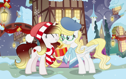 Size: 4000x2500 | Tagged: safe, artist:darbypop1, oc, oc only, oc:destiny blood, oc:grafe, pegasus, pony, beret, clothes, female, glasses, hat, lantern, mare, present, scarf, snow, snowfall