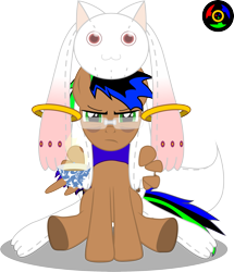 Size: 2197x2553 | Tagged: safe, artist:kyoshyu, oc, oc only, oc:bucolique, pegasus, pony, cup, glasses, high res, incubator (species), kyubey, male, plushie, puella magi madoka magica, simple background, solo, stallion, teacup, transparent background