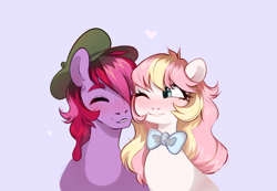 Size: 3600x2487 | Tagged: safe, oc, oc only, oc:jelly, oc:ninny, blushing, bowtie, bust, cheek squish, couple, cuddling, eyebrows, freckles, hat, high res, one eye closed, simple background, snuggling, squishy cheeks