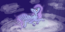 Size: 1263x633 | Tagged: safe, artist:ukulelepineapplecat, oc, pegasus, pony, cloud, female, looking up, lying down, mare, on a cloud, pegasus oc, prone, wings