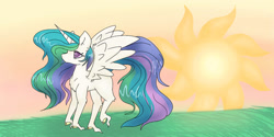 Size: 1263x633 | Tagged: safe, artist:ukulelepineapplecat, princess celestia, alicorn, pony, g4, female, horn, mare, outdoors, solo, wings