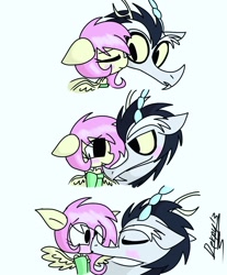 Size: 1080x1304 | Tagged: safe, artist:derpy13, part of a set, discord, fluttershy, g4, big eyes, blushing, comic, female, kissing, looking at each other, male, ship:discoshy, shipping, signature, simple background, straight, white background