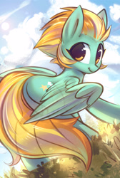 Size: 2020x3000 | Tagged: safe, artist:mirroredsea, lightning dust, pegasus, pony, g4, butt, cloud, cute, dustabetes, female, grass, high res, mare, plot, sky, smiling, solo, spread wings, sun, tail, transparent tail, transparent wings, wings