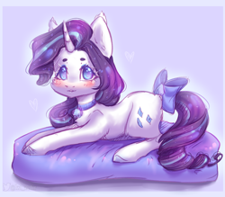 Size: 2884x2528 | Tagged: safe, artist:zefirka, rarity, pony, unicorn, g4, behaving like a cat, blushing, bow, chest fluff, cute, high res, jewelry, necklace, raribetes, solo, tail bow