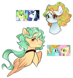 Size: 1630x1740 | Tagged: safe, artist:pandemiamichi, chickadee, fluttershy, lightning dust, ms. peachbottom, shining armor, oc, pegasus, pony, g4, bust, female, magical lesbian spawn, mare, offspring, parent:fluttershy, parent:lightning dust, parent:ms. peachbottom, parent:shining armor, parents:flutterdust (pairing), parents:shiningbottom, portrait, simple background, transparent background