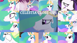 Size: 1280x720 | Tagged: safe, edit, edited screencap, editor:quoterific, screencap, princess celestia, alicorn, pony, g4, keep calm and flutter on, lesson zero, magical mystery cure, the cutie re-mark, angry, celestia is not amused, close-up, cute, cutelestia, emolestia, female, frown, glowing eyes, glowing horn, grin, gritted teeth, horn, mare, open mouth, open smile, smiling, solo, unamused
