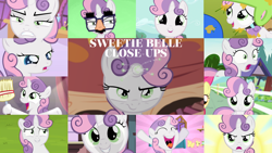 Size: 1280x721 | Tagged: safe, edit, edited screencap, editor:quoterific, screencap, apple bloom, fluttershy, sweetie belle, pegasus, pony, unicorn, bloom & gloom, g4, one bad apple, season 1, season 3, season 4, season 5, sisterhooves social, stare master, twilight time, apple bloom's bow, bipedal, bow, broom, close-up, cute, diasweetes, female, filly, glasses, hair bow, helmet, offscreen character, open mouth, shocked, solo focus, sweetie belle is not amused, unamused