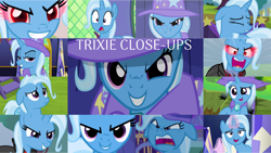 Size: 1280x722 | Tagged: safe, edit, edited screencap, editor:quoterific, screencap, trixie, pony, unicorn, a horse shoe-in, all bottled up, boast busters, g4, magic duel, no second prances, road to friendship, angry, cape, clothes, evil grin, evil trixie, female, glowing horn, grin, hat, horn, magic, magic aura, sad, smiling, solo, surprised, trixie's cape, trixie's hat