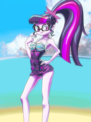Size: 1668x2224 | Tagged: safe, artist:xjleiu, sci-twi, twilight sparkle, equestria girls, equestria girls specials, g4, my little pony equestria girls: better together, my little pony equestria girls: forgotten friendship, beach, breasts, cleavage, clothes, female, glasses, hand on hip, one-piece swimsuit, ponytail, sci-twi swimsuit, sleeveless, solo, swimsuit