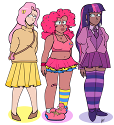 Size: 2928x3216 | Tagged: safe, artist:anonymouscat14, fluttershy, pinkie pie, twilight sparkle, human, g4, alternate hairstyle, bag, bandaid, belly button, bra, breasts, clothes, dark skin, ear piercing, earring, female, flats, high res, humanized, jewelry, midriff, mismatched socks, necklace, necktie, piercing, shirt, shoes, simple background, skirt, sneakers, socks, sports bra, stockings, striped socks, sweater, sweatershy, thigh highs, trio, underwear, white background