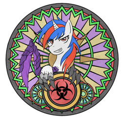 Size: 628x628 | Tagged: safe, artist:xsadi, oc, oc:snowi, pony, unicorn, fallout equestria, biohazard, biohazard sign, blue hair, claws, fallout, female, female oc, glass, horn, insect scyhe, looking at you, mare, multicolored mane, mutant, mutation, pony oc, post-apocalyptic, red and blue, red eyes, red hair, scythe, sharp teeth, stained glass, teeth, unicorn oc, wasteland, white pony, window
