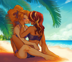 Size: 2200x1900 | Tagged: safe, artist:stummm, adagio dazzle, sunset shimmer, human, equestria girls, g4, bare shoulders, barefoot, beach, blushing, bracelet, clothes, feet, female, high res, hug, jewelry, lesbian, looking at each other, ocean, palm tree, ship:sunsagio, shipping, sleeveless, smiling, swimsuit, tree