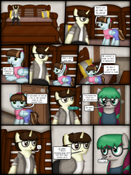 Size: 1750x2333 | Tagged: safe, artist:99999999000, oc, oc only, oc:cwe, oc:li anna, oc:li jie ai, pegasus, pony, comic:visit, clothes, comic, couch, female, filly, glasses, male