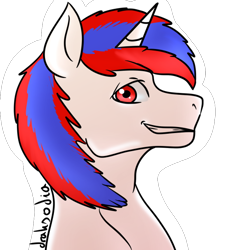 Size: 628x628 | Tagged: safe, artist:draksodia, oc, oc:snowi, pony, unicorn, blue hair, bust, female to male, horn, looking at you, male, male oc, multicolored mane, no eyelashes, pony oc, red eyes, red hair, rule 63, stallion, unicorn oc