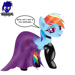 Size: 3840x3840 | Tagged: safe, alternate version, artist:damlanil, rainbow dash, pegasus, pony, g4, clothes, collar, comic, cute, dashabetes, dress, ear piercing, eyeshadow, female, happy, high res, latex, latex socks, looking at you, makeup, mare, open mouth, piercing, rainbow dash always dresses in style, raised hoof, rubber, shine, shiny mane, simple background, socks, solo, talking to viewer, text, transparent background, vector, wings