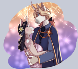 Size: 1075x952 | Tagged: safe, artist:blackblood-queen, oc, oc only, oc:ametrine, oc:apollo lightbringer, unicorn, anthro, unguligrade anthro, anthro oc, couple, curved horn, female, flower, flower in hair, horn, husband and wife, lipstick, looking at each other, male, mare, married, married couple, oc x oc, shipping, smiling, stallion, straight, unicorn oc