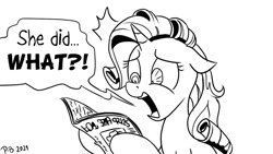 Size: 1200x675 | Tagged: safe, artist:pony-berserker, rarity, pony, unicorn, pony-berserker's twitter sketches, g4, chris chan, chris did what?!, comments locked down, explanation in the comments, female, foal free press, mare, monochrome, newspaper, shocked, shocked expression, the implications are horrible
