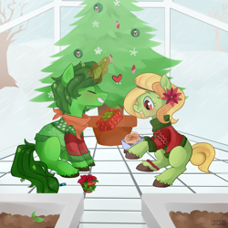 Size: 2000x2000 | Tagged: safe, artist:goshhhh, oc, oc only, earth pony, pony, unicorn, christmas, christmas tree, flower, flower in hair, flower pot, heart, heart eyes, high res, holiday, present, snow, tree, wingding eyes