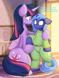 Size: 1630x2160 | Tagged: safe, artist:not_texmex, derpibooru exclusive, princess luna, twilight sparkle, alicorn, pony, semi-anthro, g4, age regression, arm hooves, best filly, clothes, cute, dialogue, female, filly, filly luna, hug, lunabetes, pajamas, twilight sparkle (alicorn), woona, young luna, younger