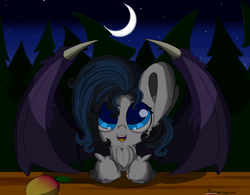 Size: 3200x2500 | Tagged: safe, artist:hisp, oc, oc only, oc:eventide mist, bat pony, pony, bat wings, cute, female, fluffy, food, forest background, high res, mango, moon, neck fluff, night, smiling, solo, wings