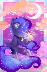 Size: 1324x2048 | Tagged: safe, artist:sophillia, princess luna, alicorn, pony, g4, cloud, crescent moon, ethereal mane, female, heart, looking at something, mare, moon, print, solo, starry eyes, starry mane, stars, wingding eyes