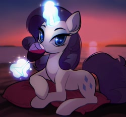 Size: 2048x1912 | Tagged: safe, artist:draw3, rarity, pony, unicorn, g4, alcohol, beach, cushion, cute, female, glass, looking at you, lying down, magic, mare, prone, solo, starry eyes, sunset, telekinesis, wine, wine glass, wingding eyes