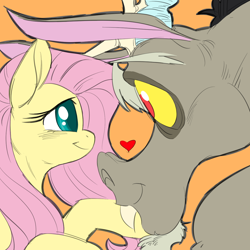 Size: 1200x1200 | Tagged: safe, artist:snspony, discord, fluttershy, draconequus, pegasus, pony, g4, female, heart, looking at each other, male, orange background, profile, ship:discoshy, shipping, simple background, smiling, straight
