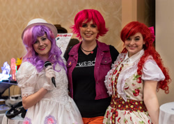 Size: 3000x2143 | Tagged: safe, artist:maddymoiselle, artist:sarahndipity cosplay, artist:shelbeanie, apple bloom, scootaloo, sweetie belle, human, g4, clothes, cosplay, costume, cutie mark crusaders, everfree northwest, everfree northwest 2019, high res, irl, irl human, microphone, photo