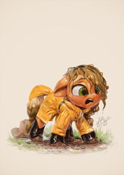 Size: 850x1200 | Tagged: safe, artist:assasinmonkey, applejack, earth pony, pony, g4, adorable distress, cowboy hat, cute, female, filly, filly applejack, galoshes, hat, jackabetes, mud, open mouth, raincoat, solo, wet, wet mane, younger
