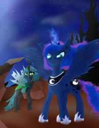 Size: 1637x2113 | Tagged: safe, artist:moonlightrift, princess luna, queen chrysalis, alicorn, changeling, changeling queen, pony, g4, alternate hairstyle, angry, female, glowing horn, horn, magic