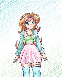 Size: 1200x1500 | Tagged: safe, artist:zachc, sunset shimmer, human, g4, clothes, cute, dress, female, humanized, looking at you, socks, solo, thigh highs